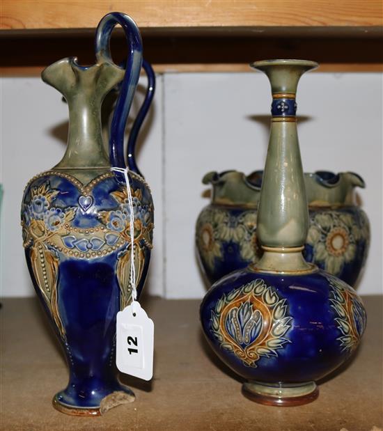 Doulton jardiniere, pair of ewers and a vase